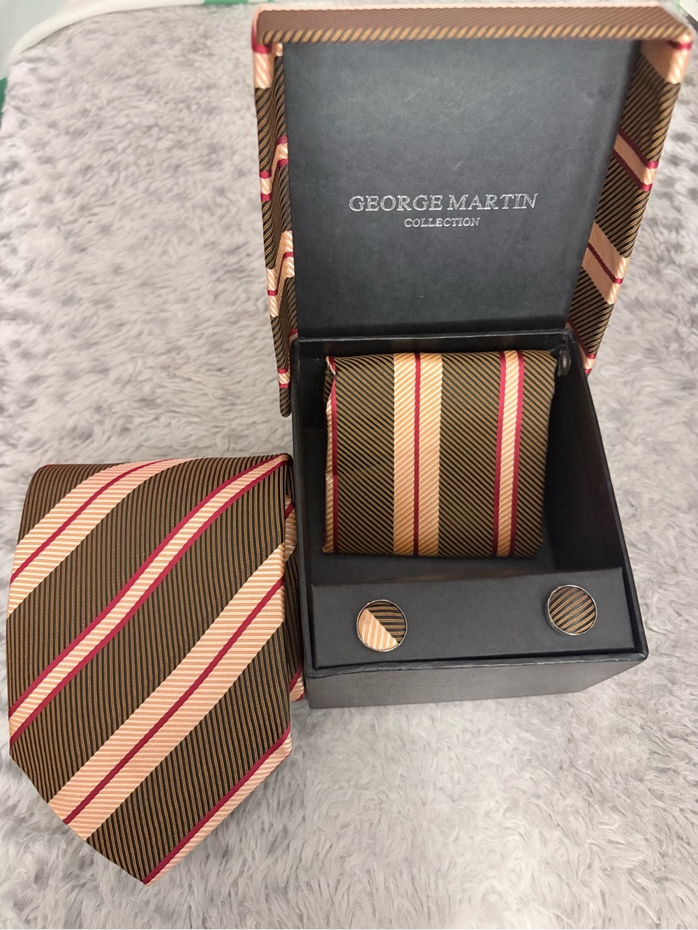 George Martin Collection Men’s Brown and Beige Striped Tie Set with Red Accents